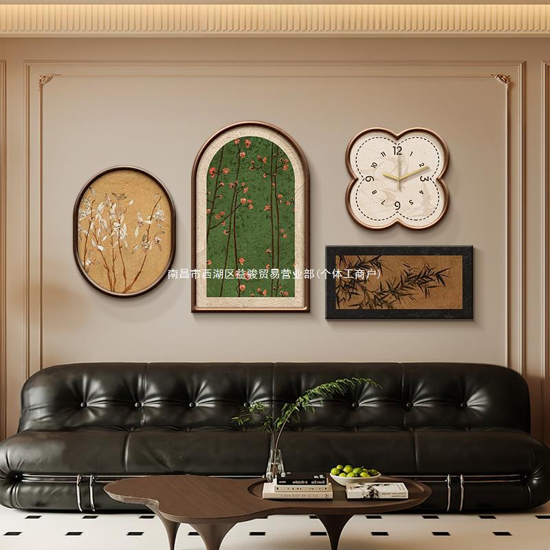 中古风客厅装饰画带钟表法式复古沙发背景墙挂画小众艺术餐厅壁画