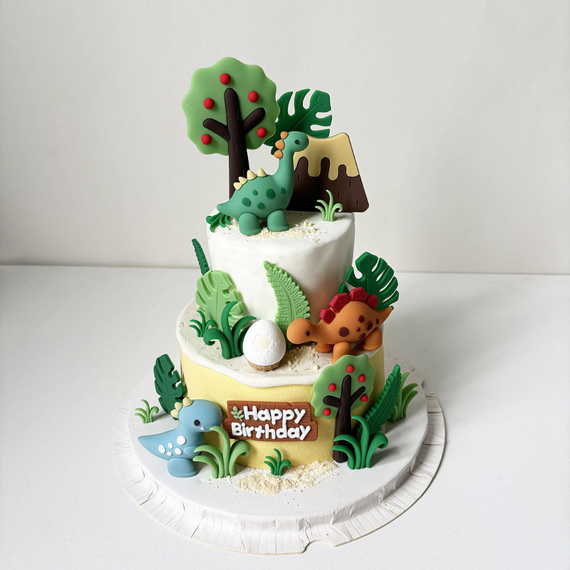 卡通可爱恐龙蛋糕装饰摆件软胶恐龙蛋树叶森系宝宝周岁生日插件|undefined