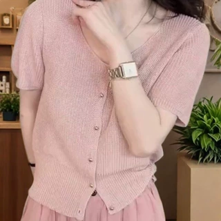 薄款v领冰丝针织衫女2026新款夏季短袖镂空防晒罩衫单排扣小开衫