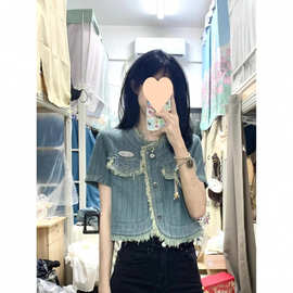 小香苏牛仔短款外套女夏季复古休闲正肩条纹水洗衬衫短袖