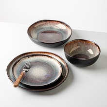 火焰跨境窑变釉餐具渐变不规则陶瓷碗盘碟子出口欧美复古瓷器单个