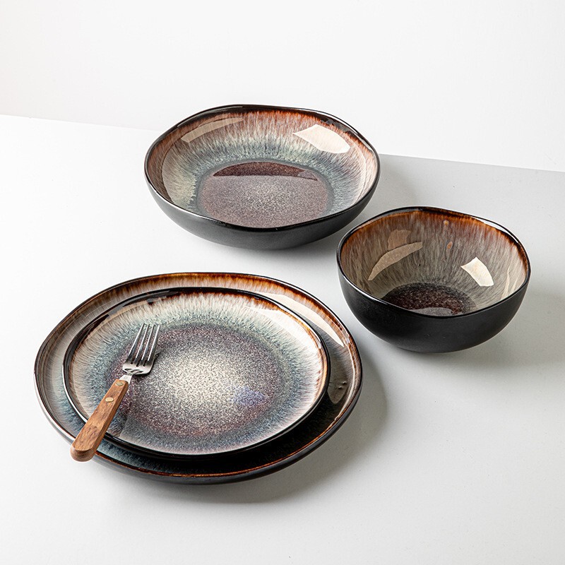 Flame Cross-border Kiln Glaze Tableware Gradient Irregular Ceramic Bowls and Dish Exported to Europe and America Retro Porcelain Single
