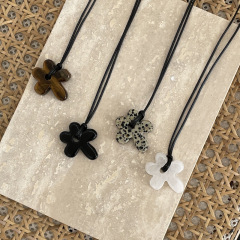 韩版天然石斑点虎眼花朵吊坠项链小众简约高级感长款可调节颈链