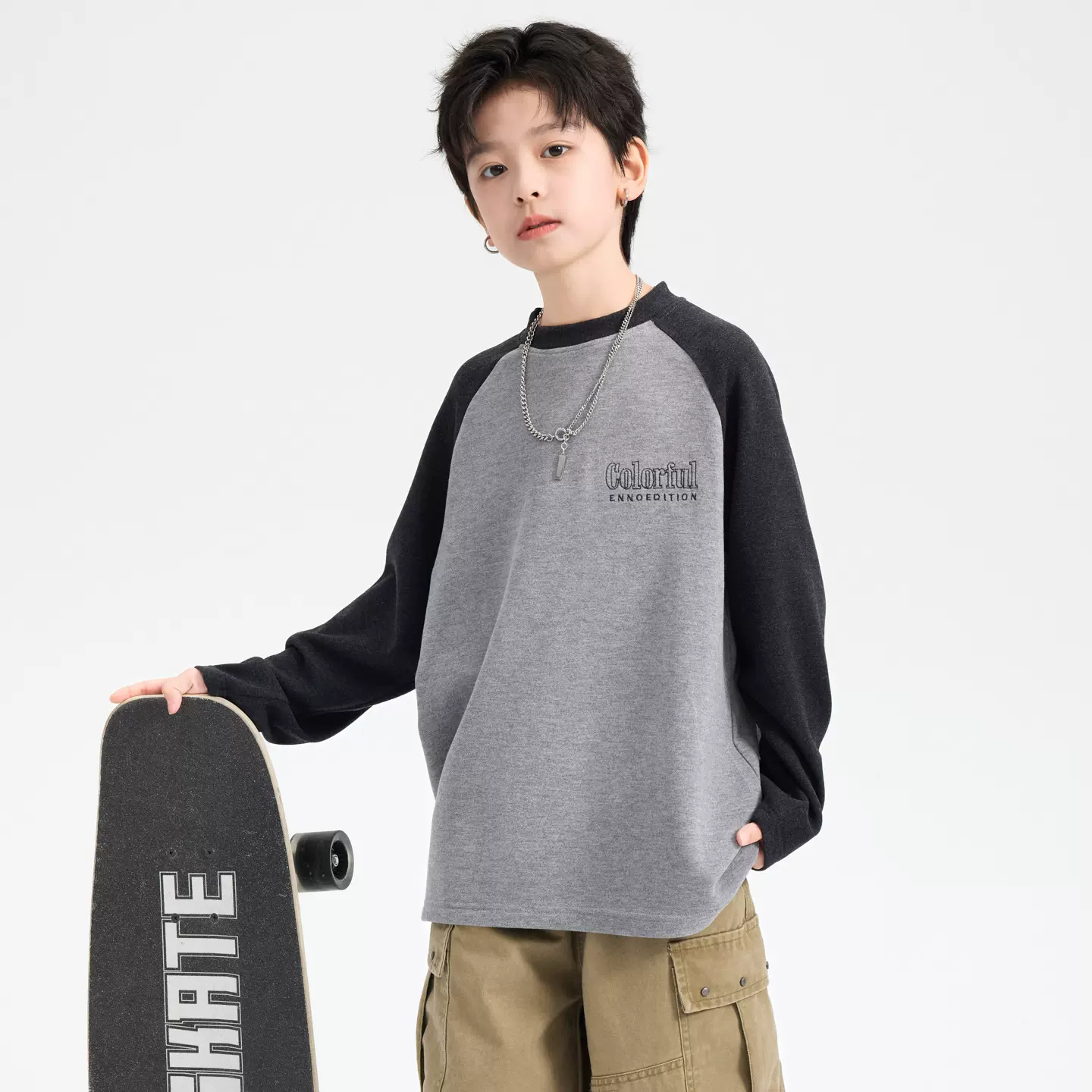 男大童秋冬季撞色双面绒打底衫2025新款儿童男孩保暖内搭长袖t恤