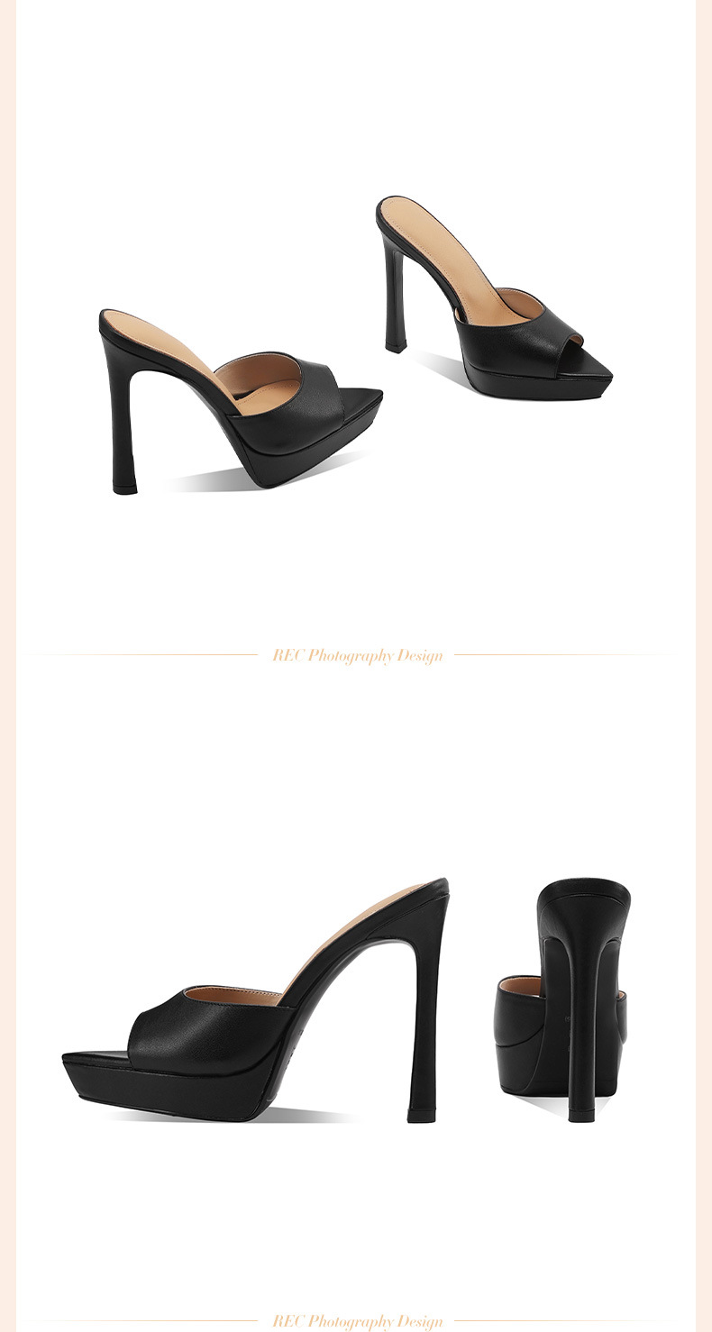 Sandal cao gót nữ mũi nhọn hở ngón, đế xuồng platform, da thật, gót 10 cm — Trần truồng 10㎝ chi tiết 12