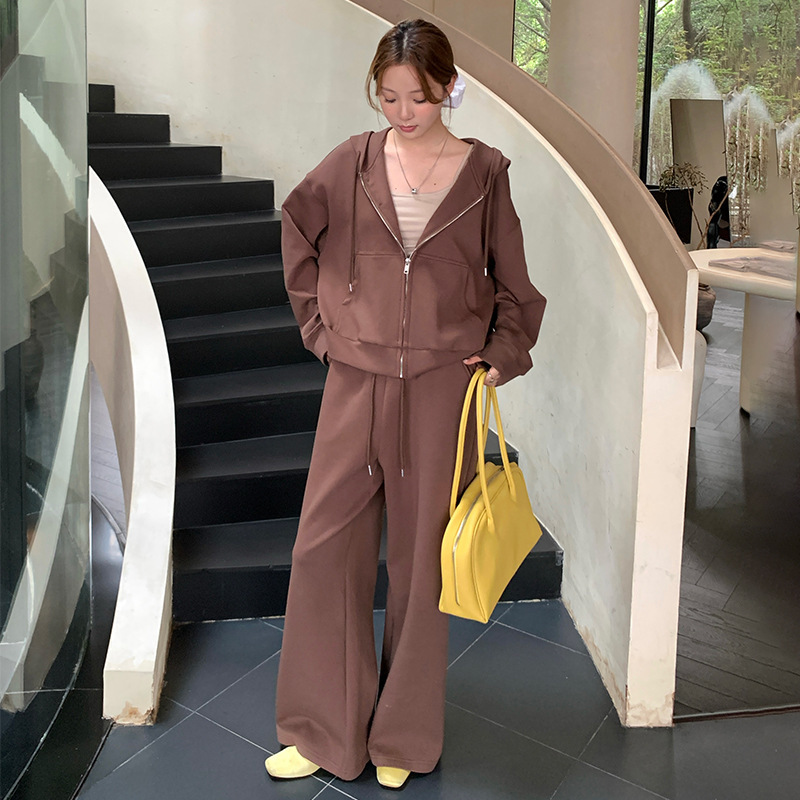 Fashion Sports Outfit Set for Women 2025 Autumn New Stylish Versatile Hooded Sweatshirt and Wide-Leg Pants Two-Piece Set Trendy