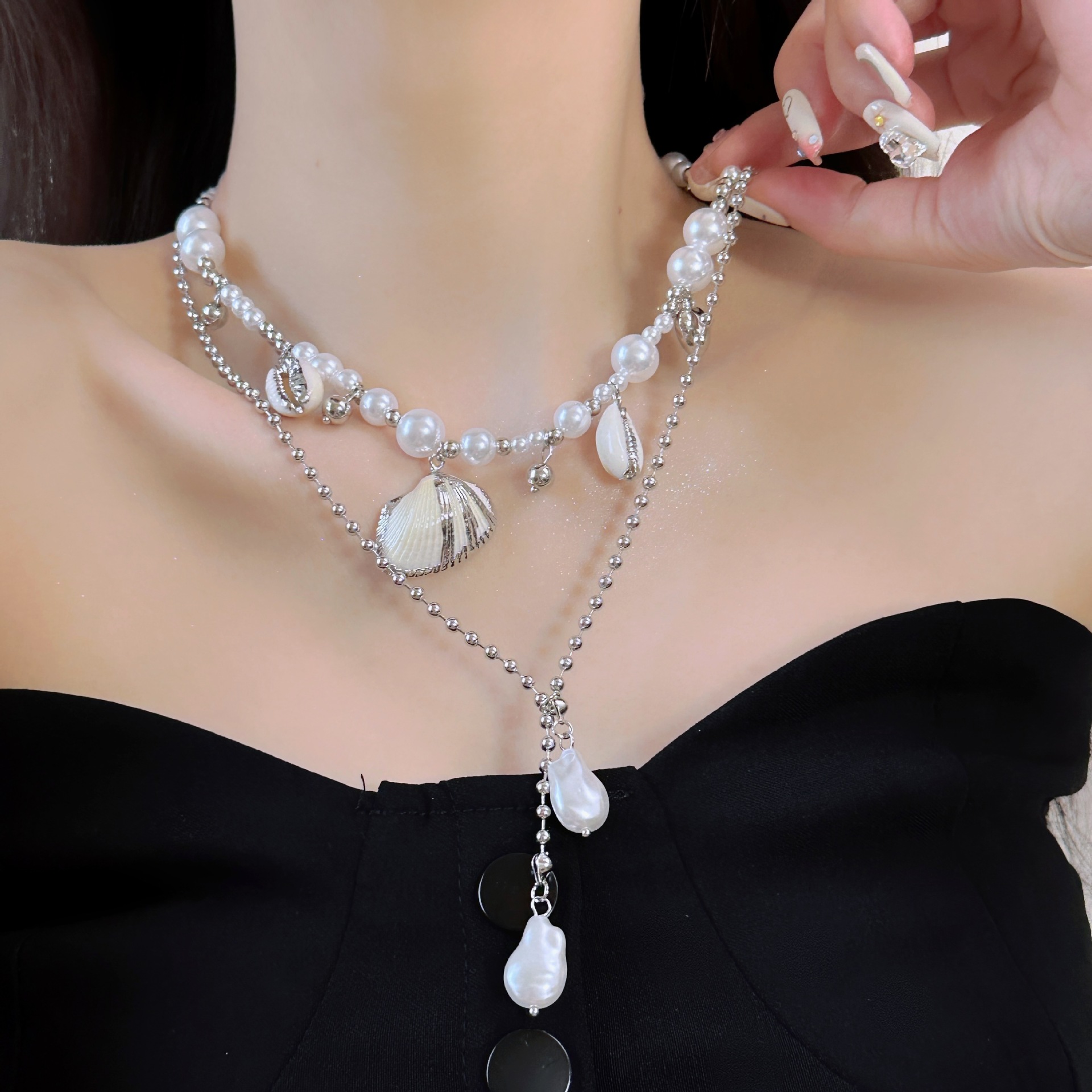 海洋系列新款沙灘貝海螺珍珠吊墜雙層疊戴項鍊氣質時尚個性頸鏈配