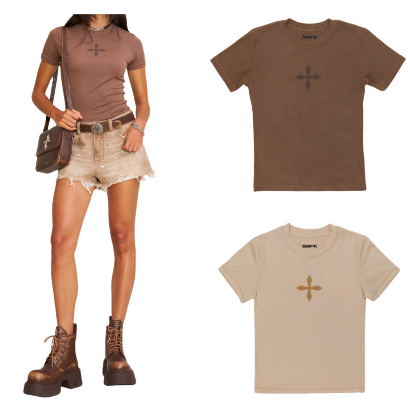 Smfk Original Cross Badge Slim Sports Tee Basic Elastic Slim T-Shirt Short-Sleeved Summer Smfk Original Cross Badge Slim Sports Tee Basic Elastic Slim T-Shirt Short-Sleeved Summer