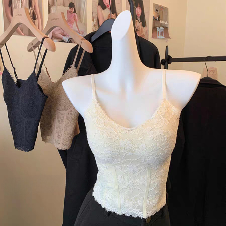 纯欲复古蕾丝小吊带背心女一体带胸垫内搭美背通勤打底2025早秋款