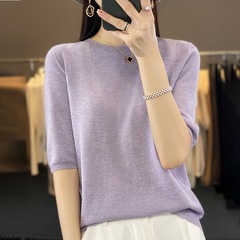 2025春夏精紡ウールニット半袖女性はゆったりとしていて、痩せています。