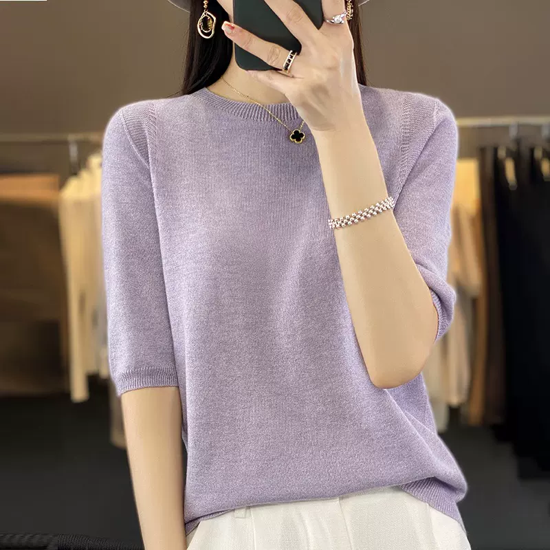2025春夏精纺羊毛针织短袖女宽松显瘦一线成衣亮丝针织衫上衣代发