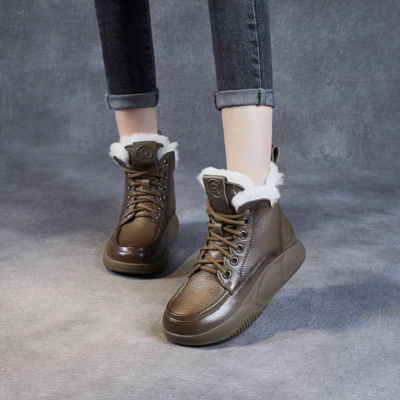 Осенние женские высокие ботинки из воловьей кожи из чистой шерсти, зимние винтажные повседневные Ботинки Martin из натуральной кожи на толстой флисовой подкладке