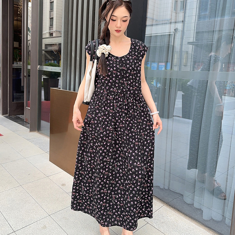 Cotton Silk Dress 2025 Summer New Sleeveless Vest Dress Thin Floral Dress Artificial Cotton Fashion Outer Long Dress