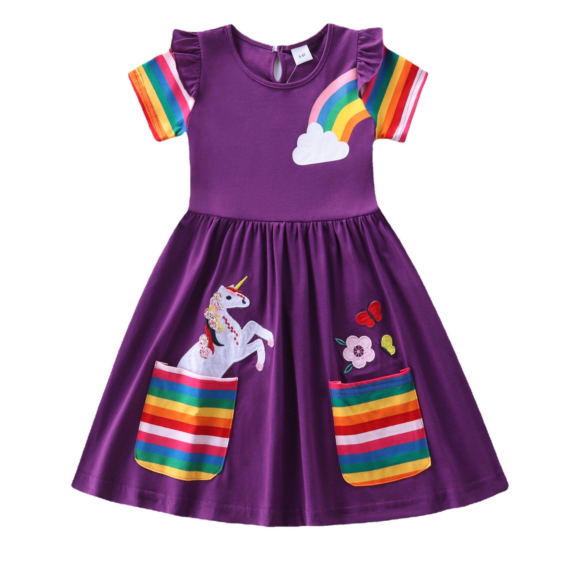 Estilo europeo y americano niñas manga corta vestido de unicornio verano nuevo bordado dos bolsillos Arco Iris manga S81035