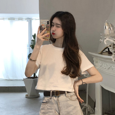 Summer Korean-style white slimming crop top T-shirt for petite women students
