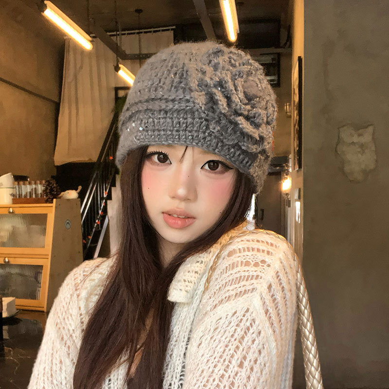 秋冬文艺百搭毛线帽亮片钩花帽子女复古氛围感花朵针织套头帽|undefined