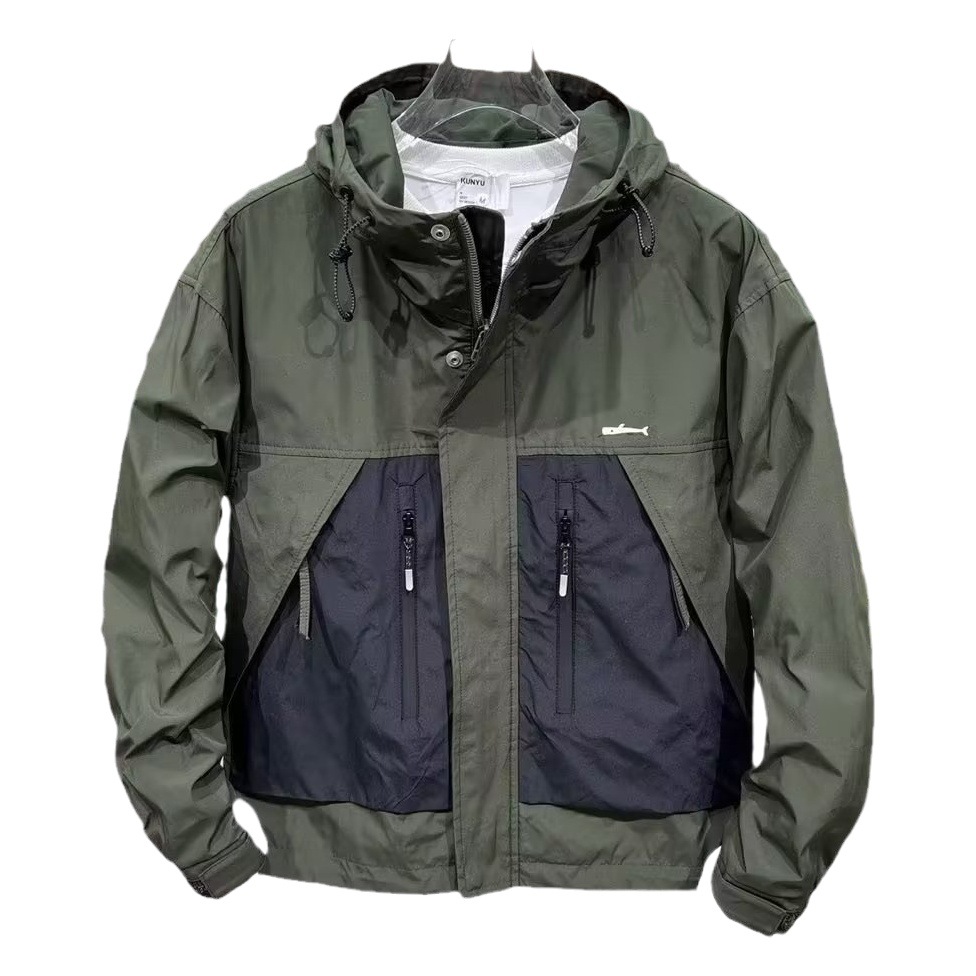 Primavera y otoño nuevos hombres de gama alta ropa de trabajo con capucha color a juego bolsillo superior chaqueta juvenil chaqueta casual impermeable