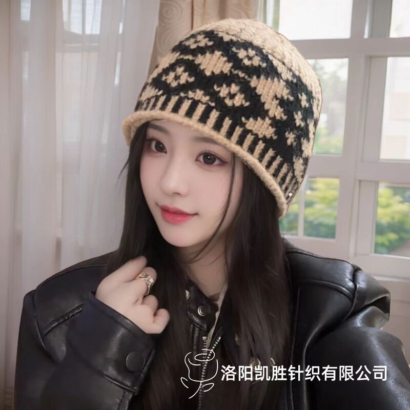 国境を越えたレトロな菱格ニット毛糸帽女性冬の韓国版の大頭囲は顔が小さい保温防寒包頭帽子である|undefined