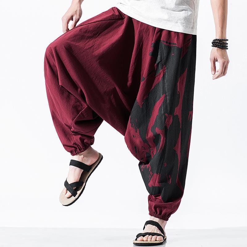Pantalones de entrepierna colgante de Buda, pantalones de entrepierna baja de grasa especial de algodón y lino para hombre, pantalones de entrepierna de arrastre sueltos, pantalones de nueve puntos, pantalones holgados japoneses más grasa de talla grande