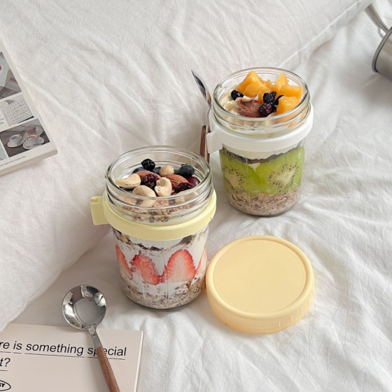 Overnight oatmeal cup portable breakfast cup milk cup yogurt cup cereal cup glass with spoon lid wholesale mason cup