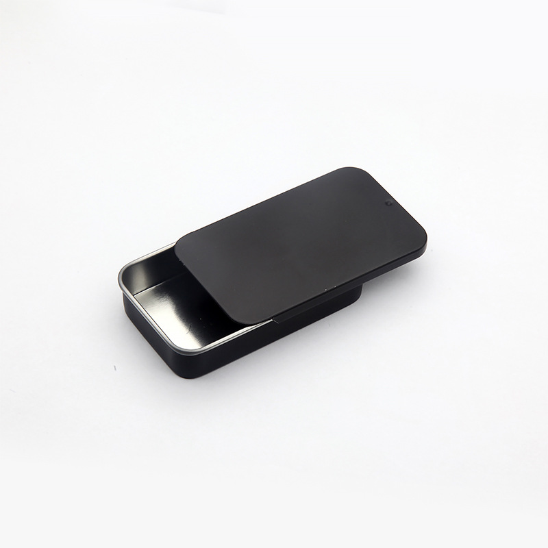 Caja de hojalata deslizante negra en stock, mini caja de hojalata para bálsamo, nueva serie de cajas cuadradas de almacenamiento con sistema de apertura y cierre. image 16