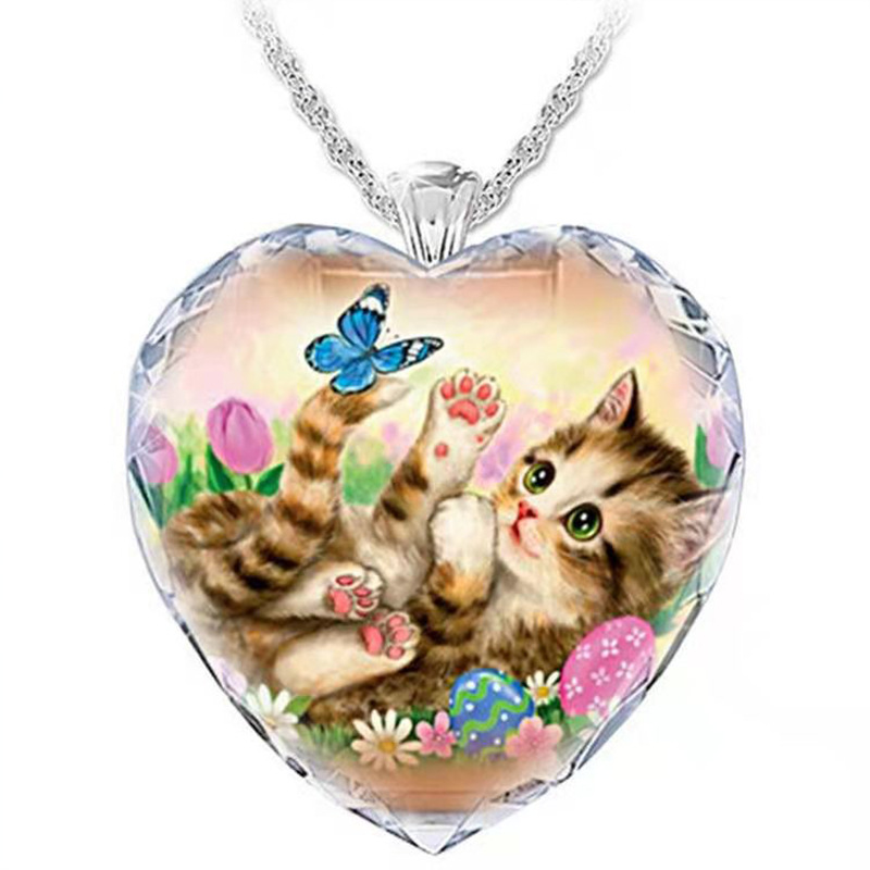 Nouveau Collier Pendentif Chat Mignon En Cristal En Forme De Coeur En Gros display picture 2