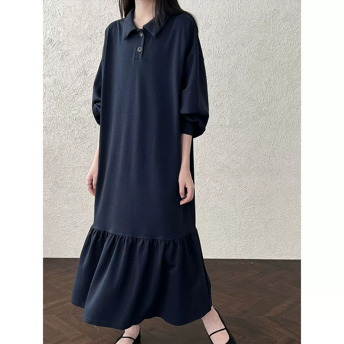 鹿西 日系翻领拼接荷叶边卫衣长裙女秋季新款宽松遮肉连衣裙2066