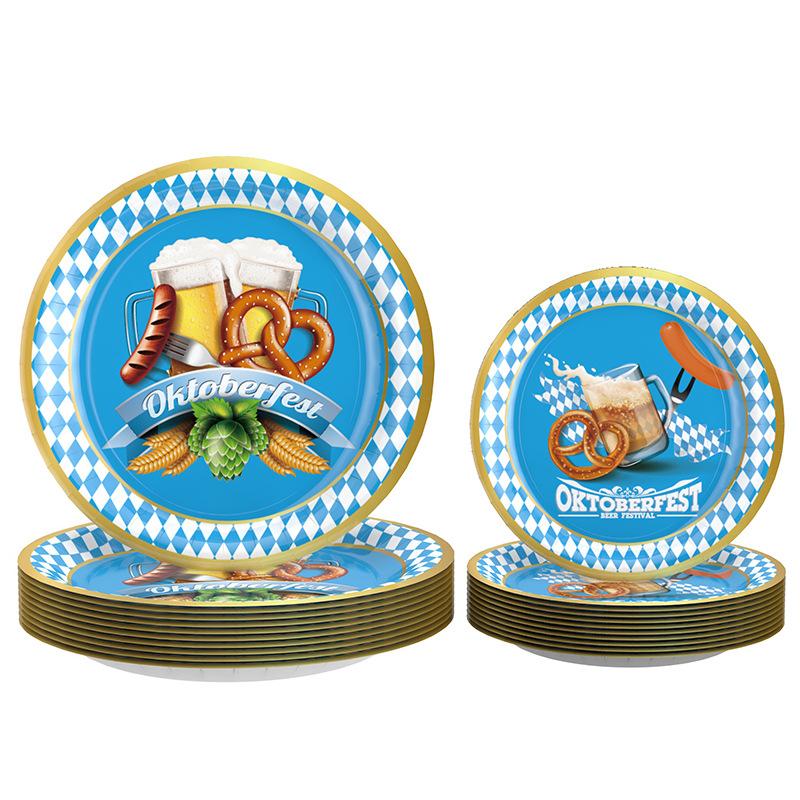 Amazon Oktoberfest tema decoración plato de papel desechable taza de papel tejido fiesta suministros traje