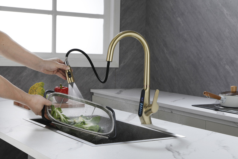 Konishi hydroelectric power digital display kitchen faucet pull-out sink faucet with brushed gold color undefined