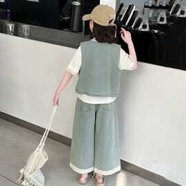 女童夏季套装薄款2026新款儿童洋气时髦短袖女大童牛仔阔腿裤夏装