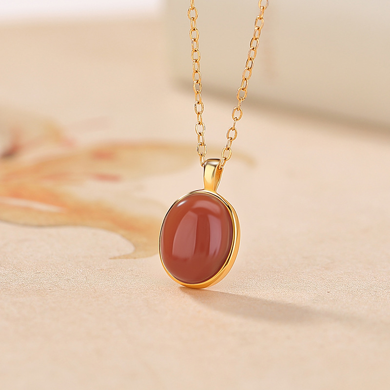 Mặt dây chuyền bạc S925 mạ vàng hình oval đính đá mã não đỏ phong cách tối giản — Mã não đỏ (mặt dây chuyền đơn)