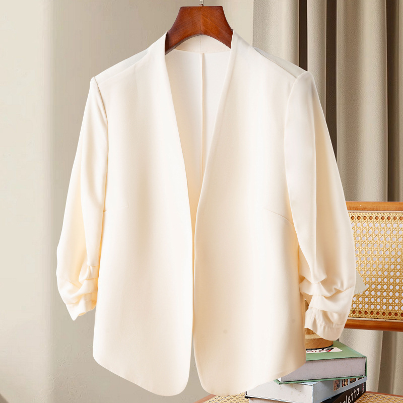 Summer Acetate Linen Blazer, Solid Color Versatile Commuter Cardigan, Pleated Three-Quarter Sleeves, Buttonless, Elegant Outerwear
