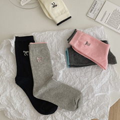 羅口雙色刺繡蝴蝶結襪子女百搭堆堆襪休閒ins中筒襪春秋洋氣潮襪