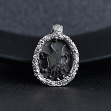 金鹿王 S925银复古银饰批发泰银印花设计镶黑曜石大吊坠女项坠