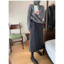 韩国新款摩登复古植绒黑色波点半身裙女秋冬加厚羊毛呢字裙长裙