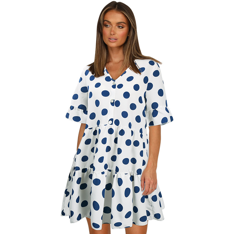 fashion casual V-neck buckle decor polka-dot short-sleeved dress NSMAN53288