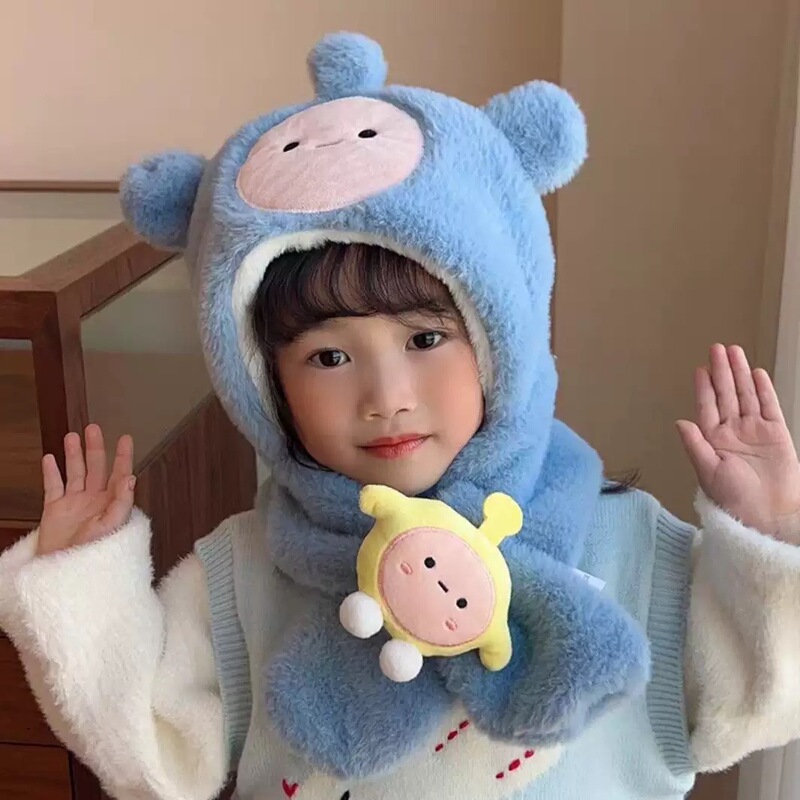 儿童帽子围巾一体秋冬天毛绒帽可爱男孩保暖帽女童蛋仔防风帽批发|undefined