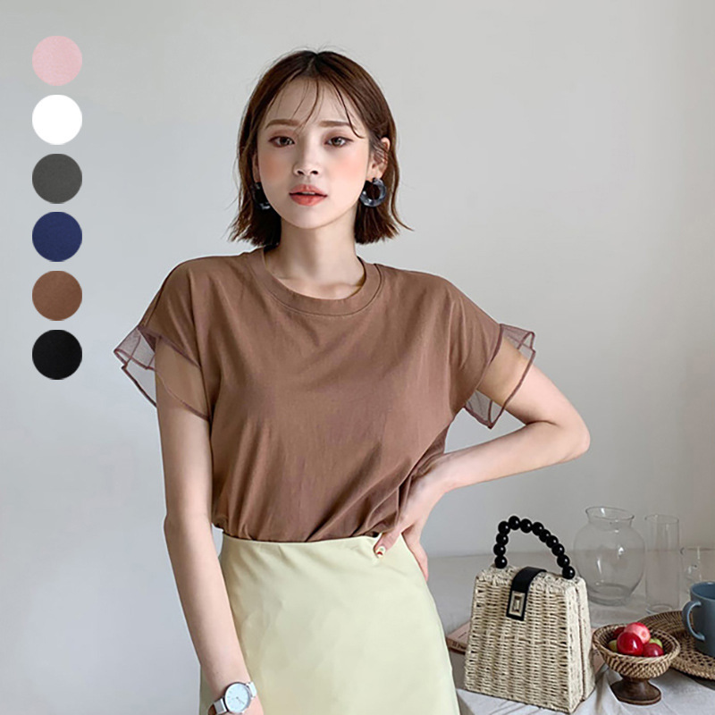 Lotte Japanese Style Spot Summer New Women's 6-Color Mesh Lotus Leaf Sleeve Round Neck Pure Color T-Shirt Spliced Women's Top