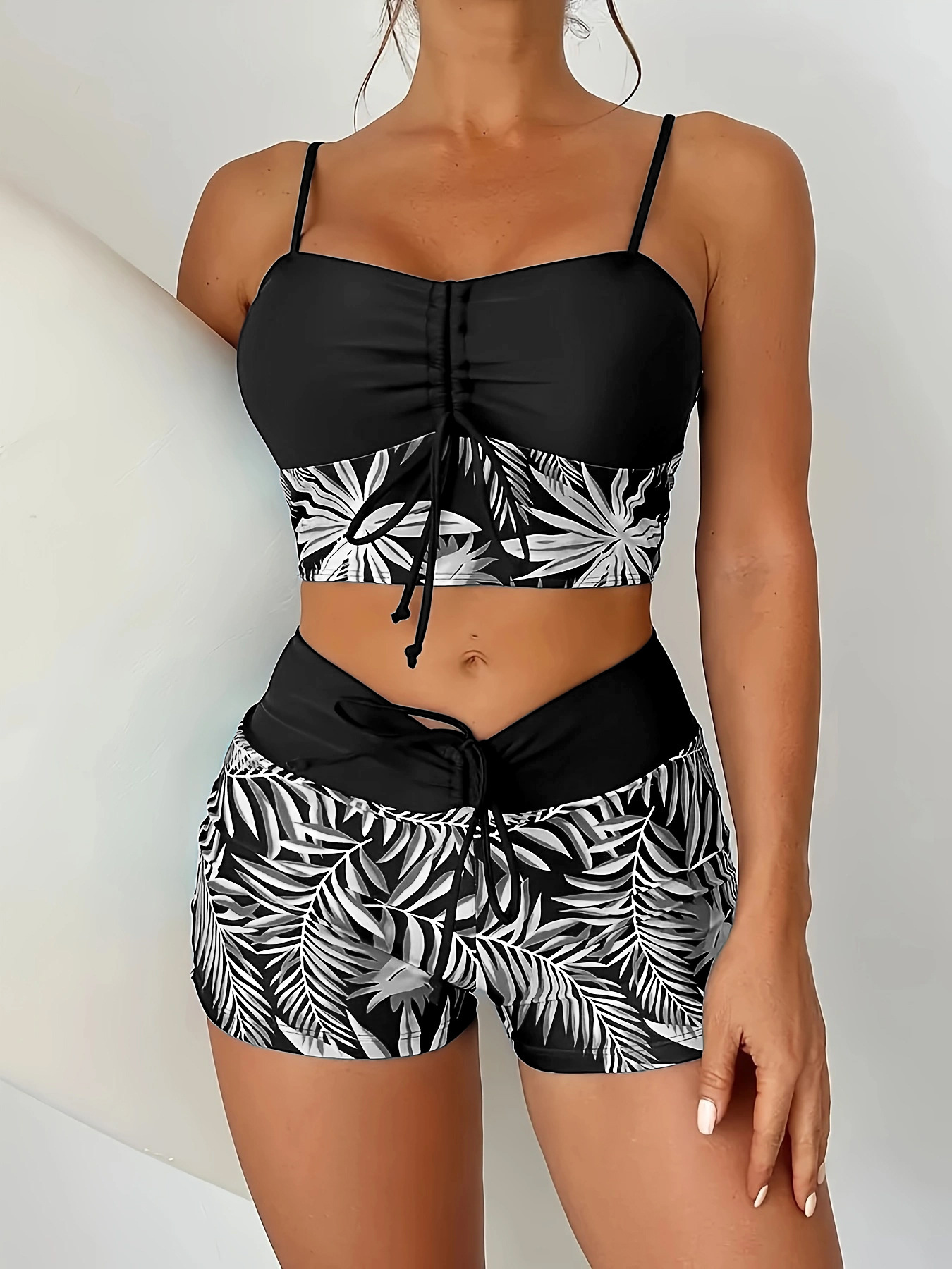 High Waist Lace up Print Swimsuit for Women Split Boxer Style Solid Color Splicing Design European American Foreign Trade 2024 Large Size_ecoleips.com