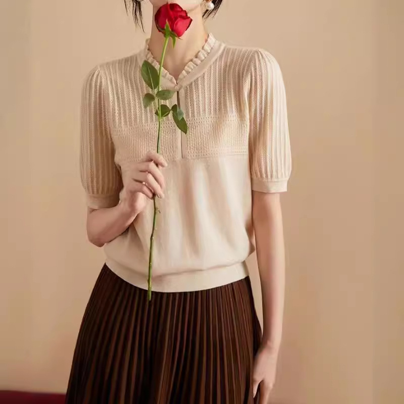 New 2024 Summer Manor Hostess Heavy Industry Jacquard Linen Lightweight Knitted Pullover Top with Leaf Collar New 2024 Summer Manor Hostess Heavy Industry Jacquard Linen Lightweight Knitted Pullover Top with Leaf Collar