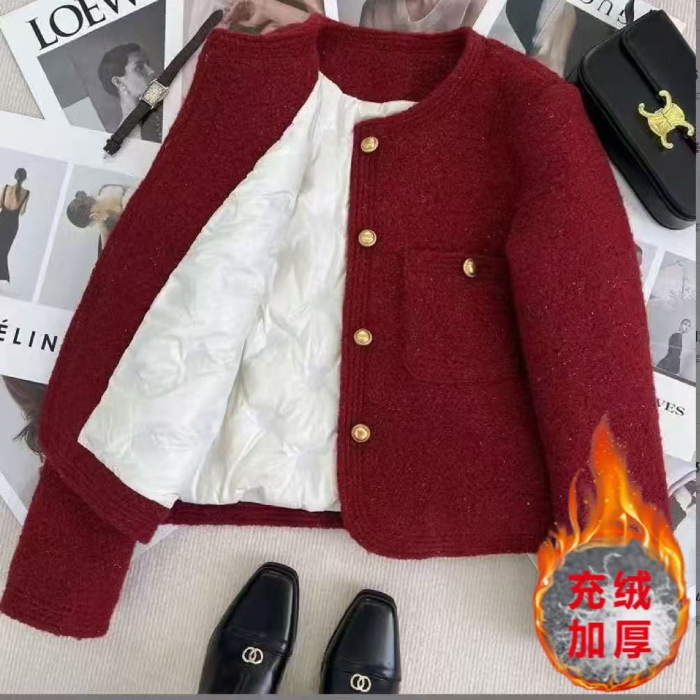 Red Tweed Jacket with down Lining, New Style, Winter French Style, Versatile, Elegant, Socialite Tweed Jacket A8728