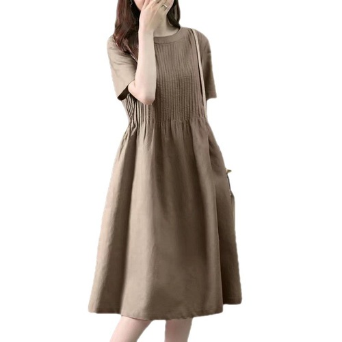 Cotton and Linen Women's Medium-Length Dress for 2025 Spring, Korean Version, Loose and Slimming, French Design Style Casual Skirt