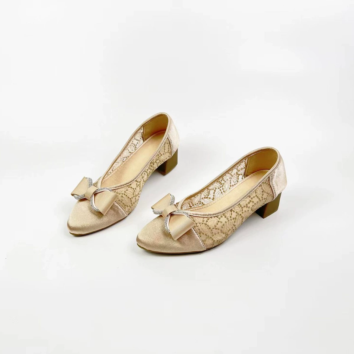 527-1 Сандалии на высоком каблуке с бантом и сеткой Мягкая подошва Дышащая обувь с острым носком Повседневная обувь с низким верхом Удобная и легкая в носке