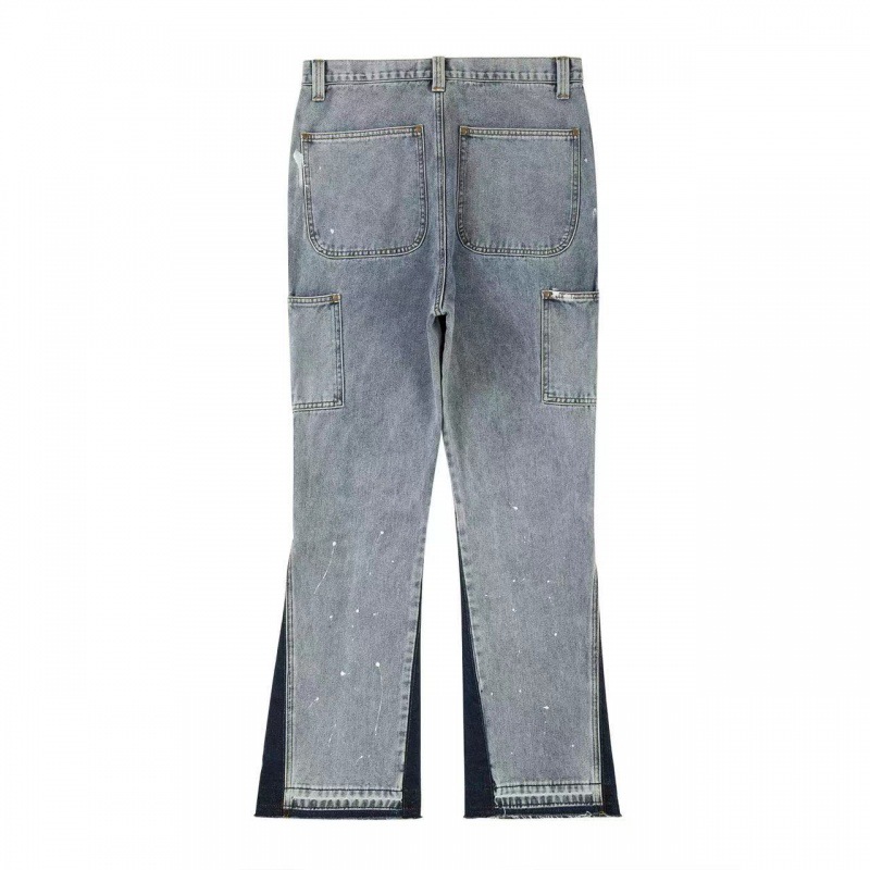 High street water ins same washed Vibe style loose splicing splashed ink zipper jeans logging work pants_voghion.com