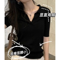 黒いvネック半袖の肩のtシャツの女性の夏の高級感がスリムに見えます。