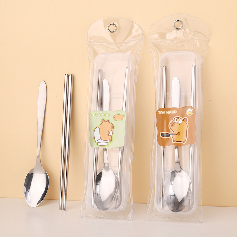 新しいカピバラ食器セットかわいいイルカステンレス鋼スプーンと箸 2 点セットポータブル衛生食器|undefined