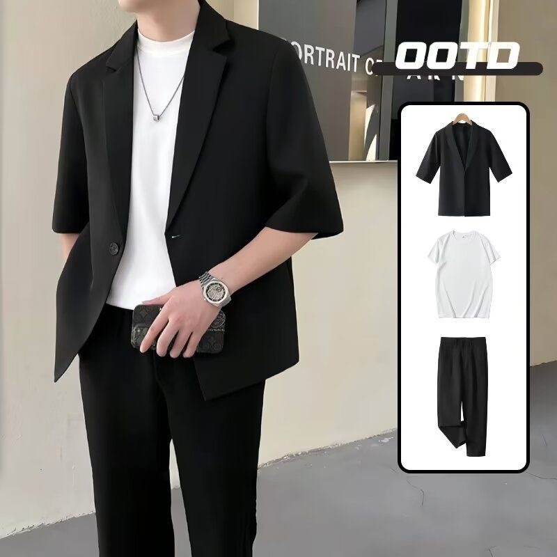 夏季男士休闲西服七分袖时尚宽松西装外套短袖痞帅单扣薄款套装潮