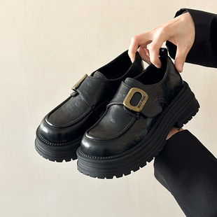 Cowhide version ~ washed leather thick-soled small leather shoes women's autumn and winter new all-match increased muffin loafers shoes tide