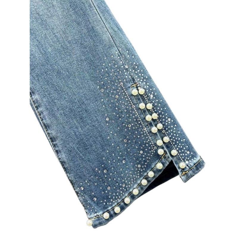 Rhinestone Flared Jeans – High-Waisted Stretch Denim With Side Slits & Embellished Hem (S-3XL, Light Wash)_voghion.com