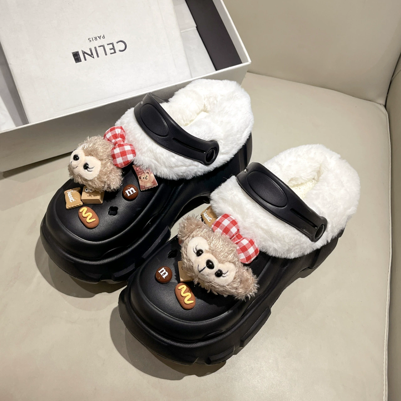 Fleece winter platform ankle clogs, plush‑lined slippers, high chunky sole, sizes 36–41